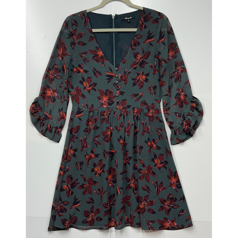 Madewell Dark Green Floral V-Neck Ruffle Sleeve Mini Dress Moonblossom - Picture 1 of 12